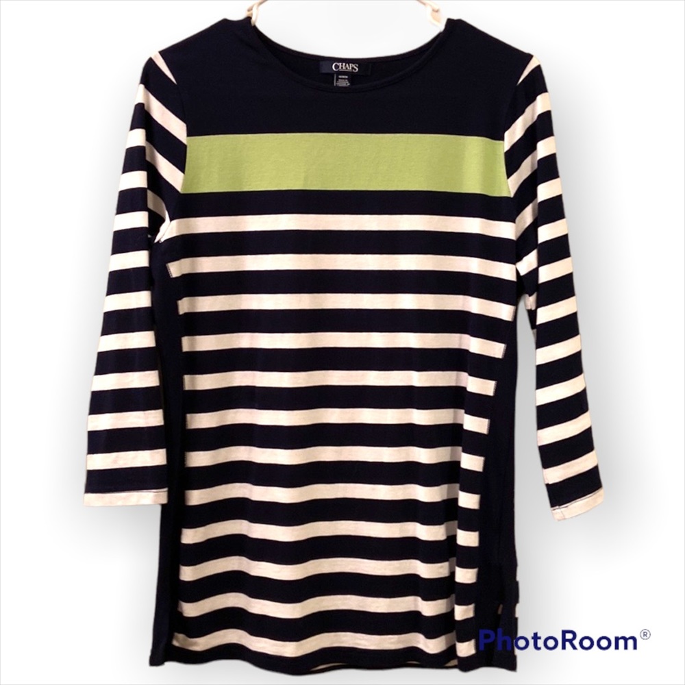 Chaps Jersey Top Stripes Navy, White, Green, 3/4 Sleeve WM SZ M
